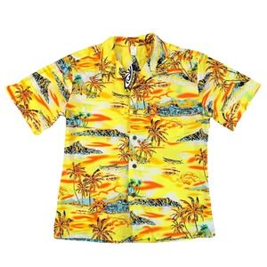 NWT Palmwave Hawaiian Tropical Resort Casual Button Yellow Palm Tree Shirt L NEW